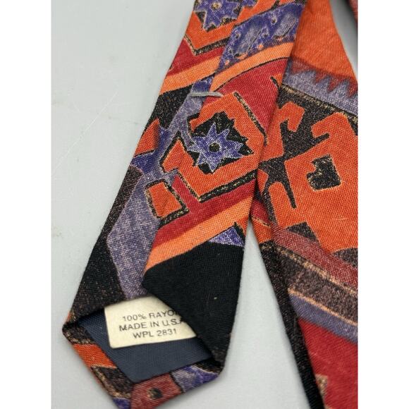 Vintage Bugle Boy USA Tie 90s Aztec Geometric Pattern Red Purple Orange Rayon - Picture 3 of 4